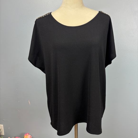 Dana Buchman Dolman Sleeve Black Short Sleeve Blouse Top Embellished Shoulder XL - Picture 1 of 7